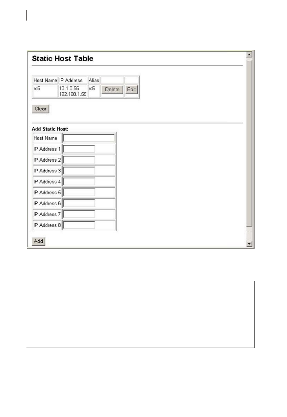 Configuring static dns host to address entries | Asante Technologies 40240/40480-10G User Manual | Page 297 / 792