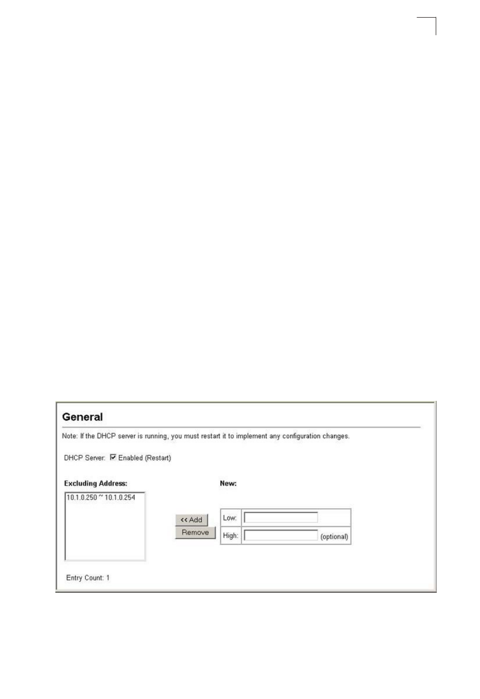 Configuring the dhcp server, Figure 17-1 dhcp relay configuration, Enabling the server, setting excluded addresses | Asante Technologies 40240/40480-10G User Manual | Page 302 / 792