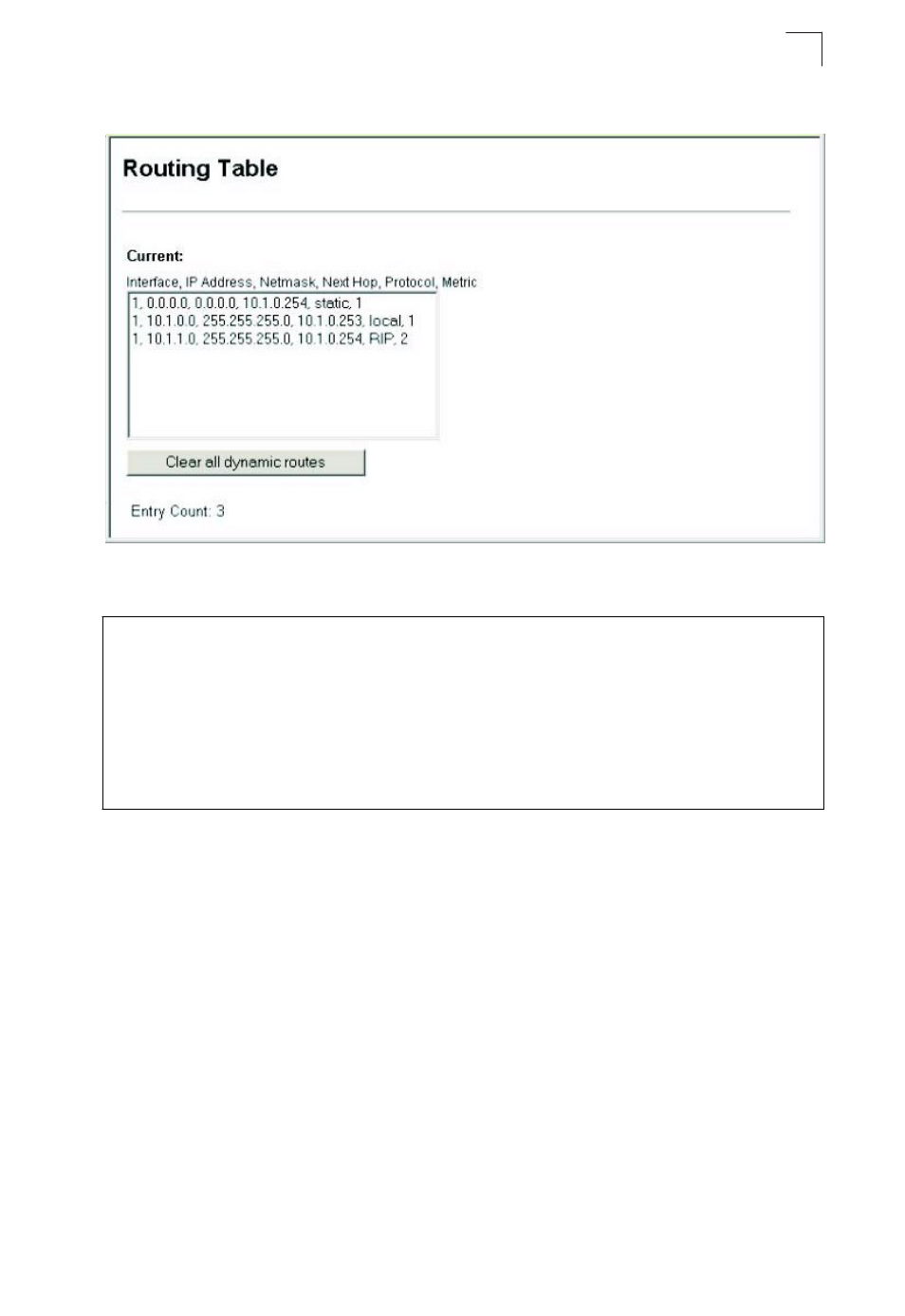 Displaying the routing table, Figure 19-12 ip static routes, 23 displaying the routing table | Asante Technologies 40240/40480-10G User Manual | Page 342 / 792