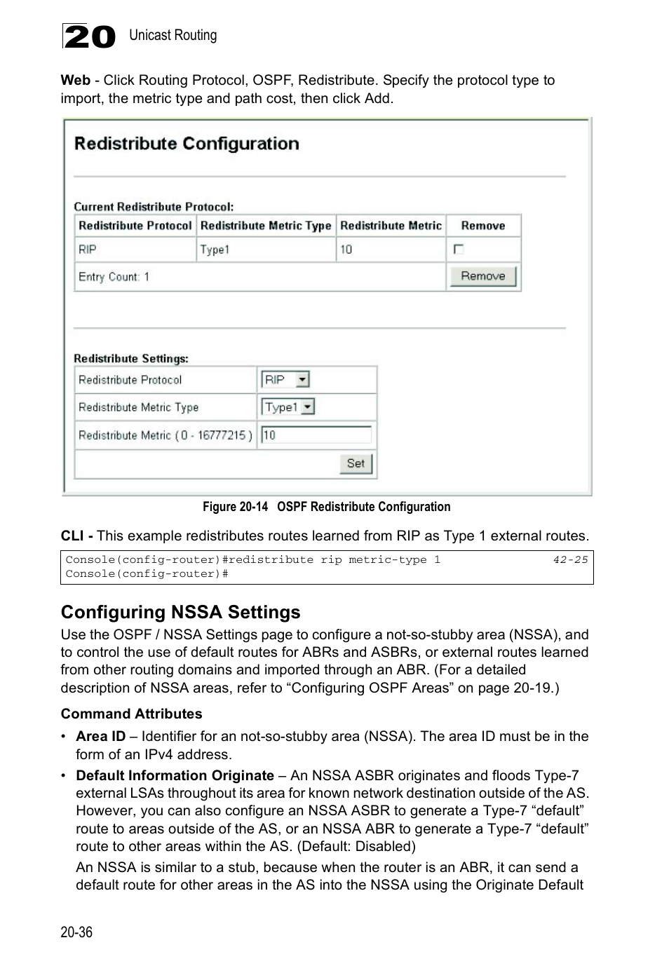 Redistributing external routes, Configuring nssa settings | Asante Technologies 40240/40480-10G User Manual | Page 379 / 792