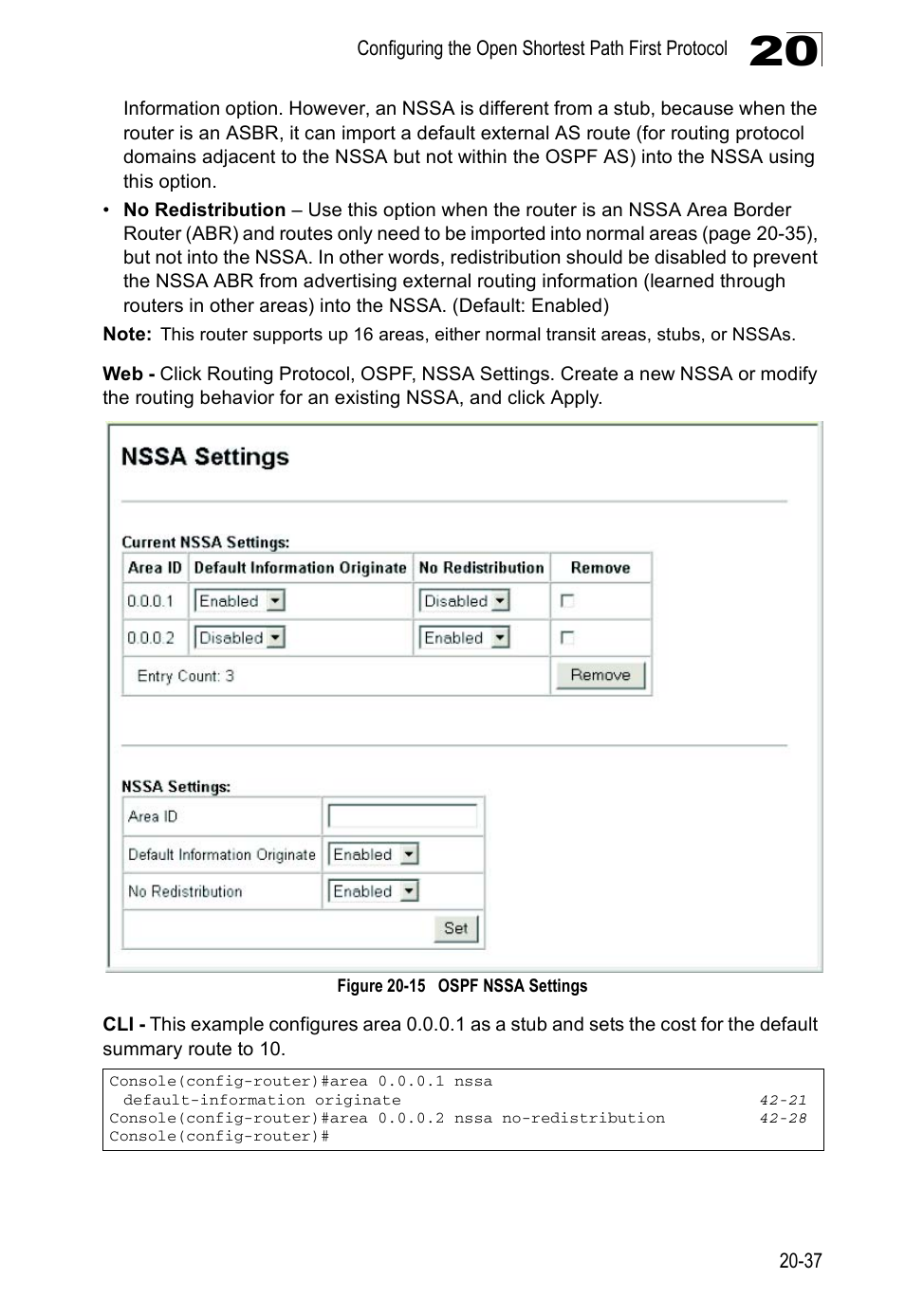 Configuring nssa settings, Figure 20-14 ospf redistribute configuration | Asante Technologies 40240/40480-10G User Manual | Page 380 / 792