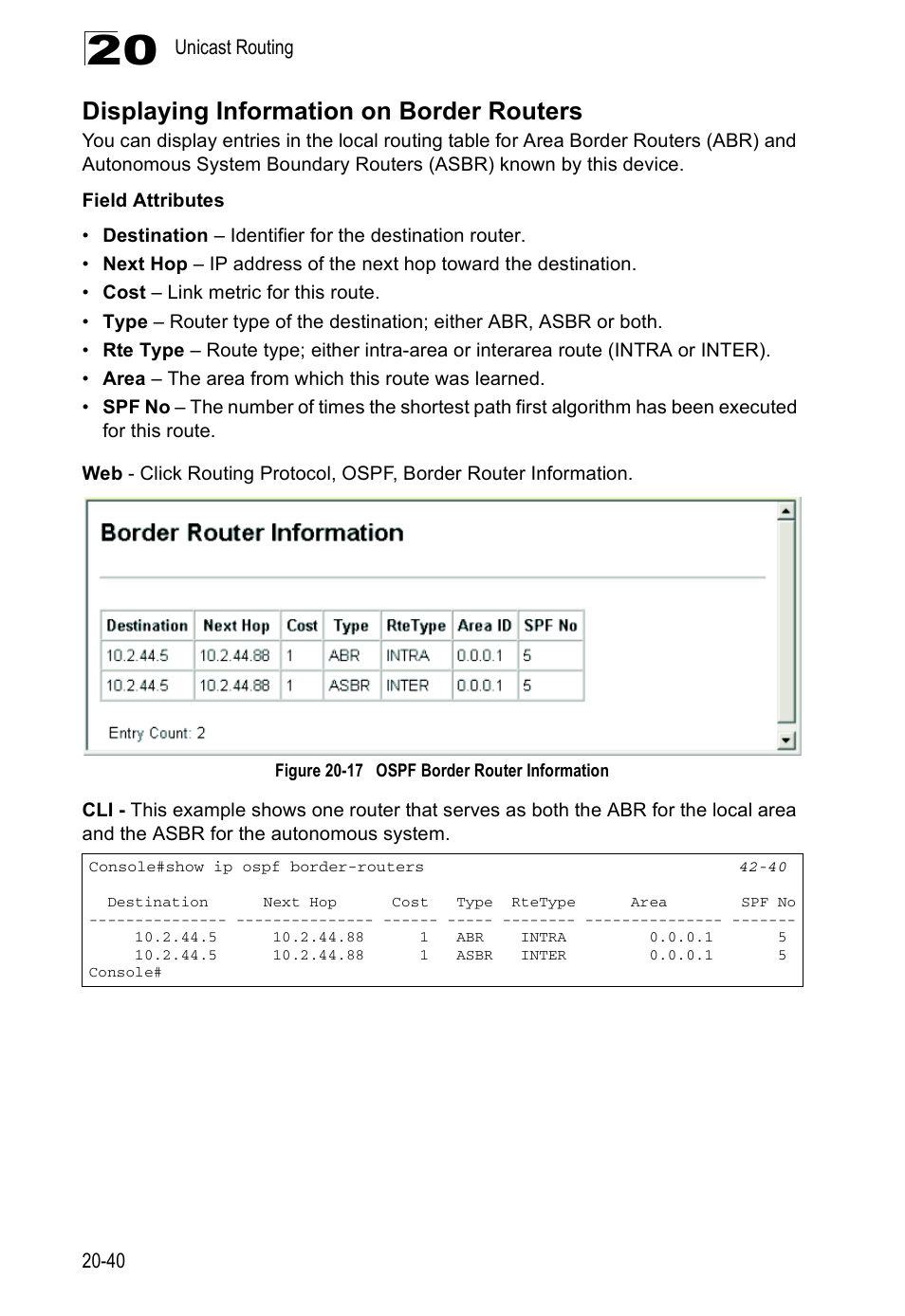 Figure 20-16 ospf link state database information, Displaying information on border routers | Asante Technologies 40240/40480-10G User Manual | Page 383 / 792
