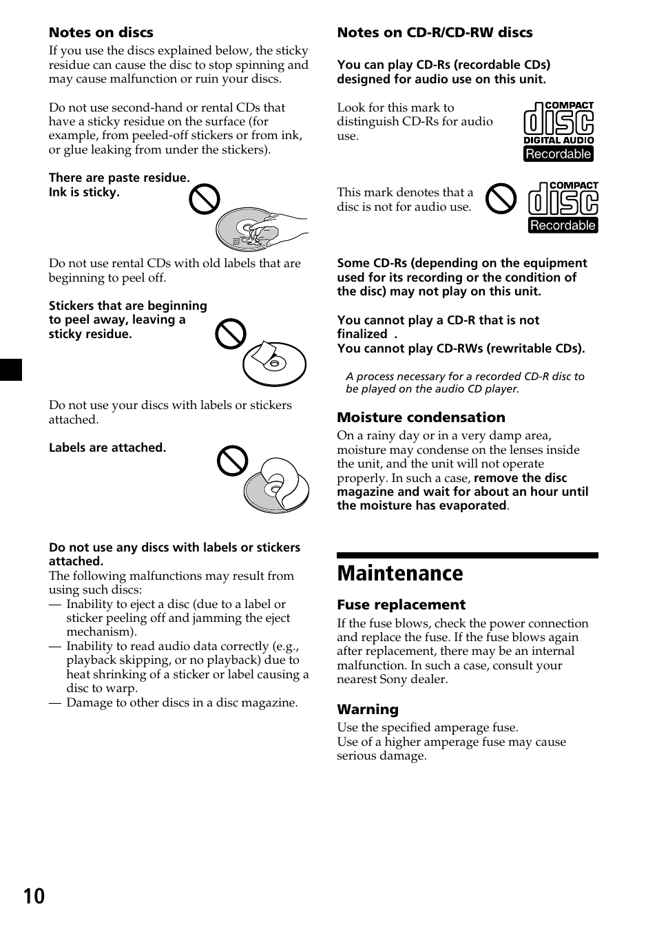 Maintenance | Sony CDX-454RF User Manual | Page 10 / 40