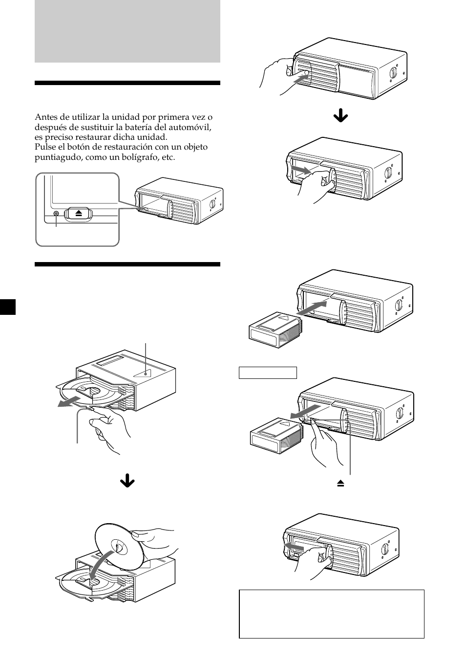 Procedimientos iniciales, Restauración de la unidad, Preparación del cambiador de discos compactos | Sony CDX-454RF User Manual | Page 28 / 40