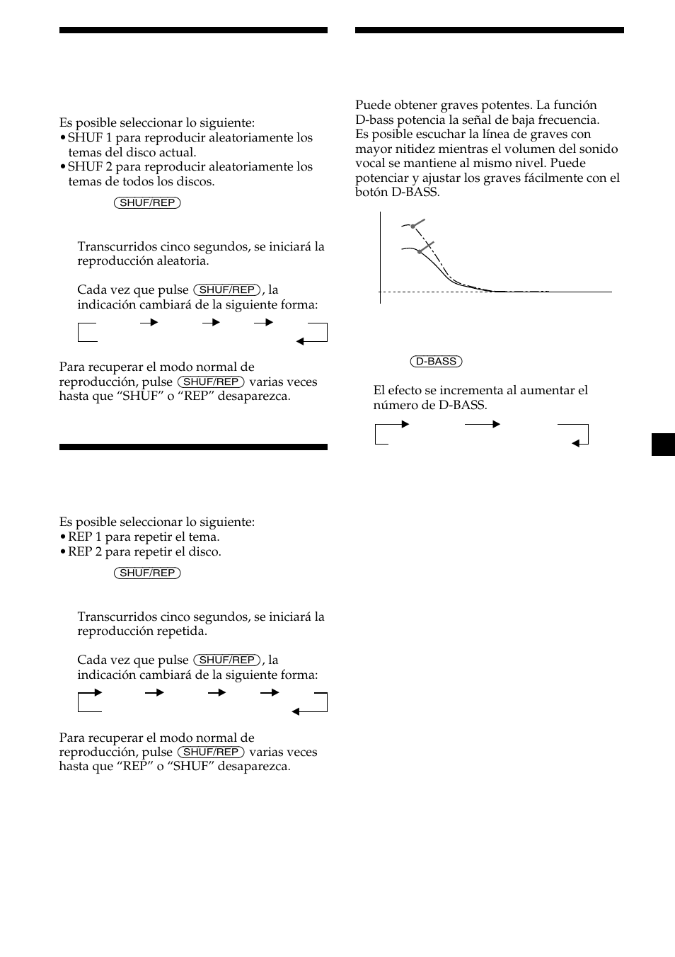 7reproducción de temas en orden aleatorio, Reproducción repetida de temas, Potenciación de los graves | Sony CDX-454RF User Manual | Page 31 / 40