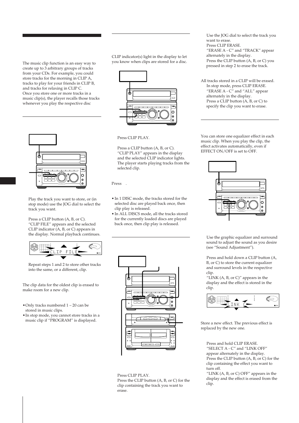 Grouping tracks (music clip), Playing tracks in a clip (clip play), Erasing tracks from a clip | Storing effects in a clip, Storing tracks in a clip, R p p 0 ) ж » ж p 0 ) p » ⁄ ⁄ ⁄ p | Sony MHC-W55 User Manual | Page 10 / 129