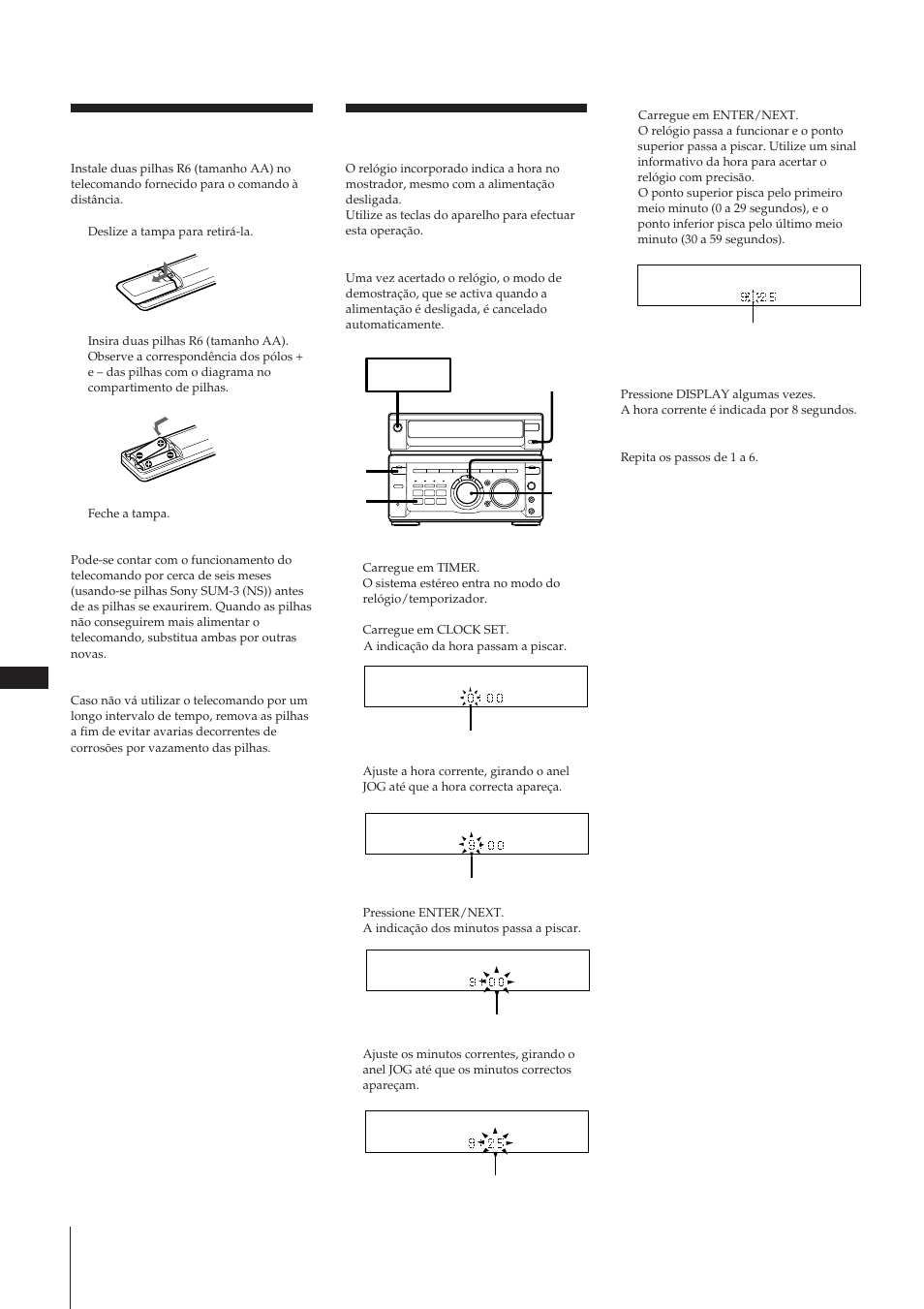Acerto do relógio, Inserção das pilhas | Sony MHC-W55 User Manual | Page 101 / 129