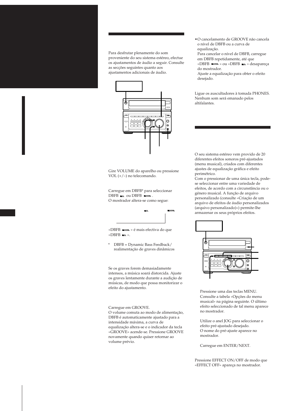 Ajustamentos de áudio, Secção 5, Selecção do efeito sonoro | Ajuste do som | Sony MHC-W55 User Manual | Page 115 / 129