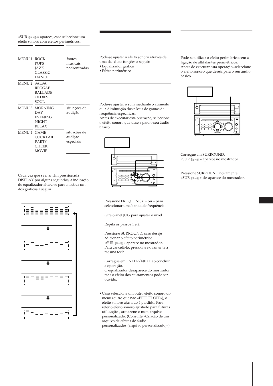 Ajuste do efeito sonoro, Ajuste do som (equalizador gráfico), Activação de campos acústicos (efeito perimétrico) | Sony MHC-W55 User Manual | Page 116 / 129