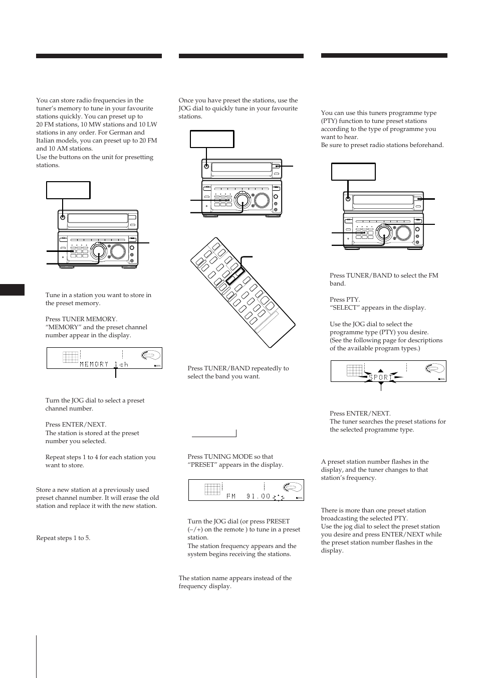 12 playing preset radio stations, Tuning by programme type (pty), Presetting radio stations | Sony MHC-W55 User Manual | Page 12 / 129
