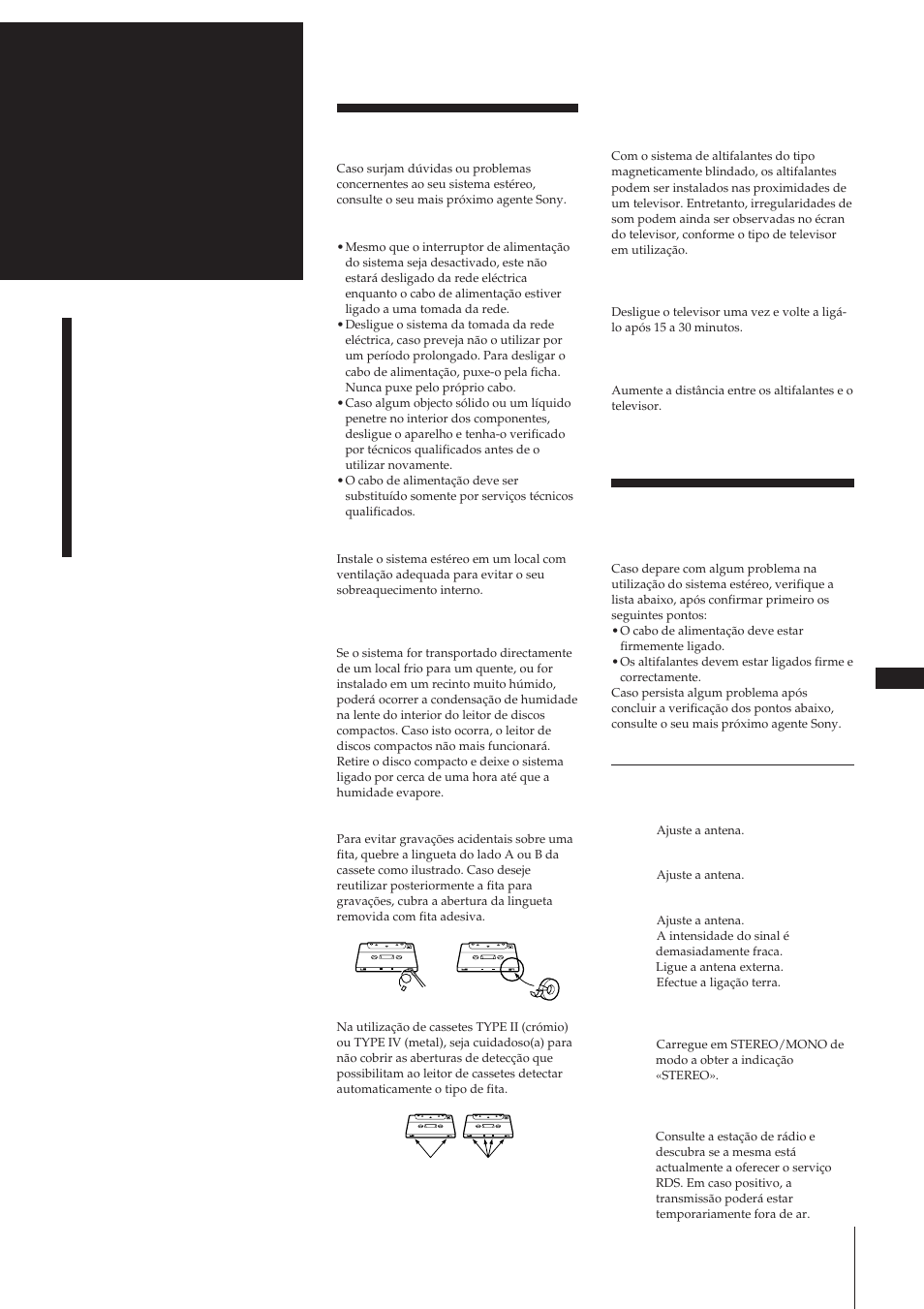 Generalidades, Guia para solução de problemas, Precauções | Sony MHC-W55 User Manual | Page 122 / 129