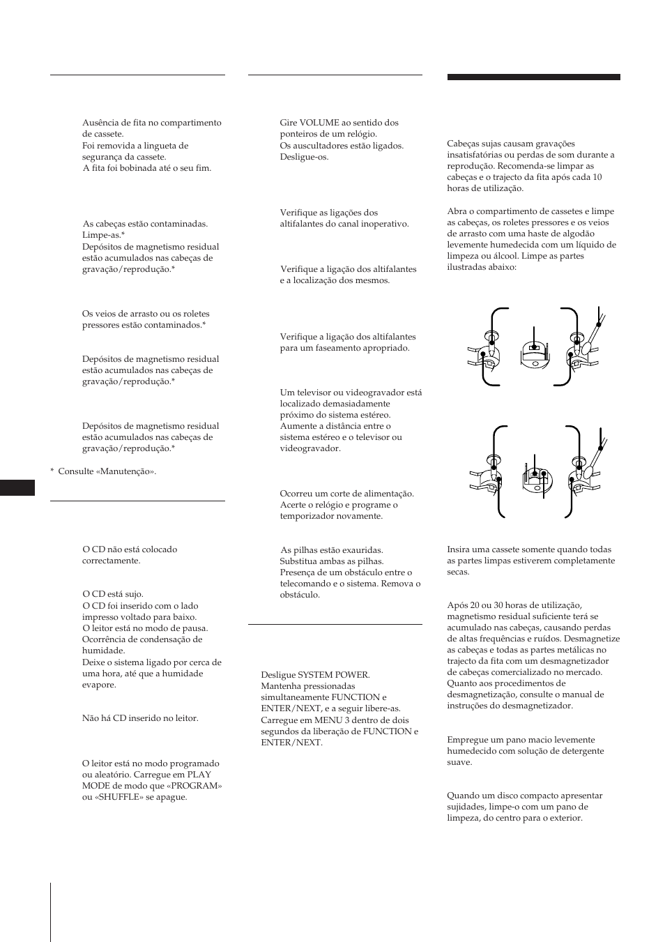 Manutenção, Pleitor de cassetes, Leitor de discos compactos | Generalidades, Reobtenção dos pré- ajustes de fábrica | Sony MHC-W55 User Manual | Page 123 / 129