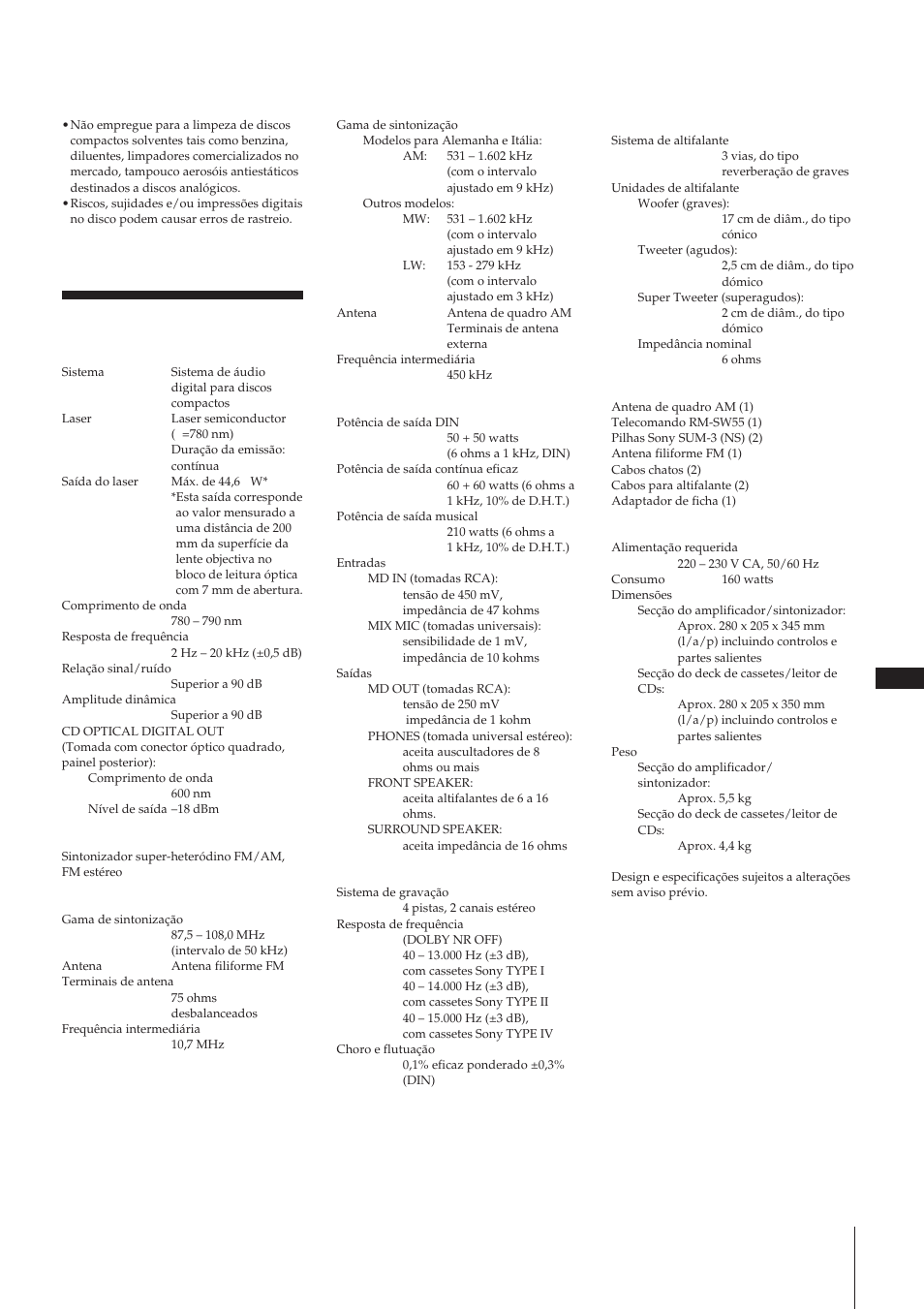 Especificações | Sony MHC-W55 User Manual | Page 124 / 129