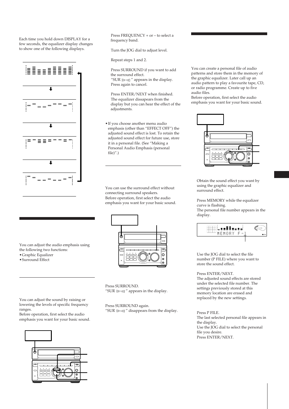 Adjusting the audio emphasis, Adjusting the sound (graphic equalizer), Activating the sound field (surround effect) | Sony MHC-W55 User Manual | Page 21 / 129