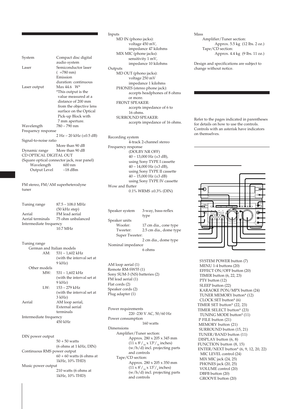 Index to parts and controls, Specifications, Front panel | Sony MHC-W55 User Manual | Page 28 / 129