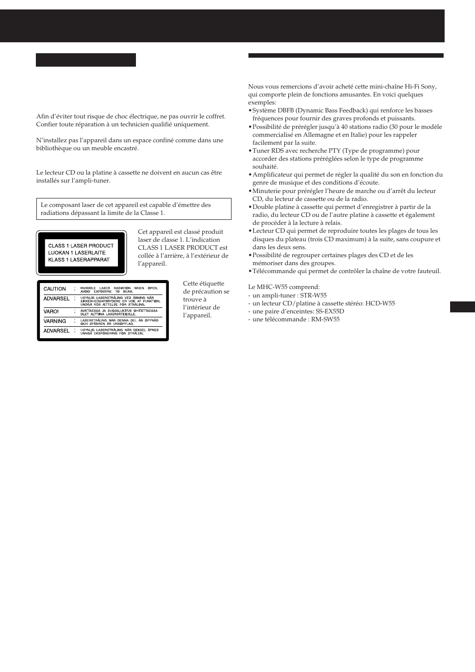 Bienvenue, Avertissement, Français | Sony MHC-W55 User Manual | Page 32 / 129