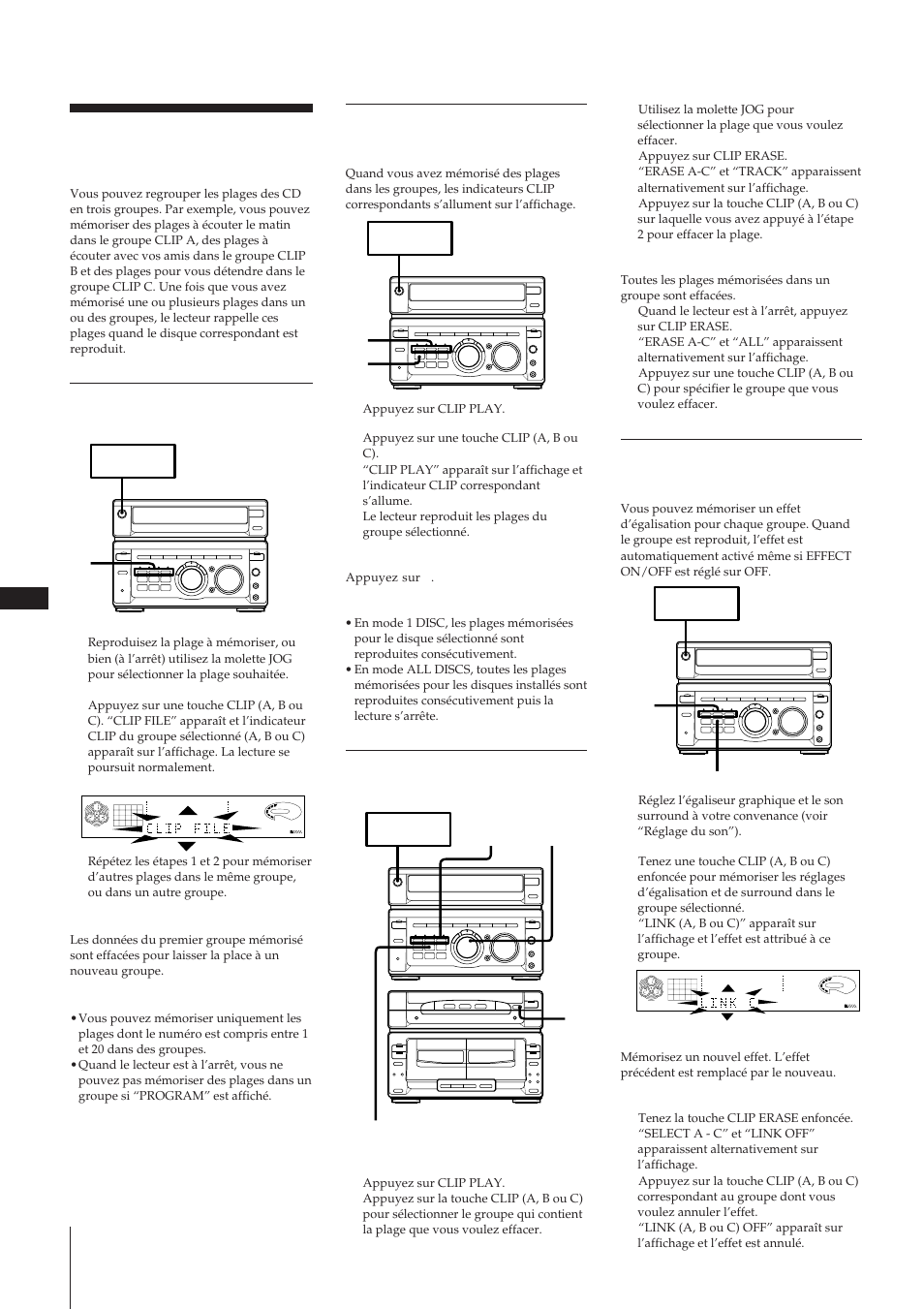 2 1 regroupement de plages (clip), Flecture des plages d’un groupe (clip play), Effacement des plages d’un groupe | Mémorisation d’un effet sonore dans un groupe, Mémorisation de plages dans un groupe, R p p 0 ) ж » ж p 0 ) p » ⁄ ⁄ ⁄ p | Sony MHC-W55 User Manual | Page 40 / 129