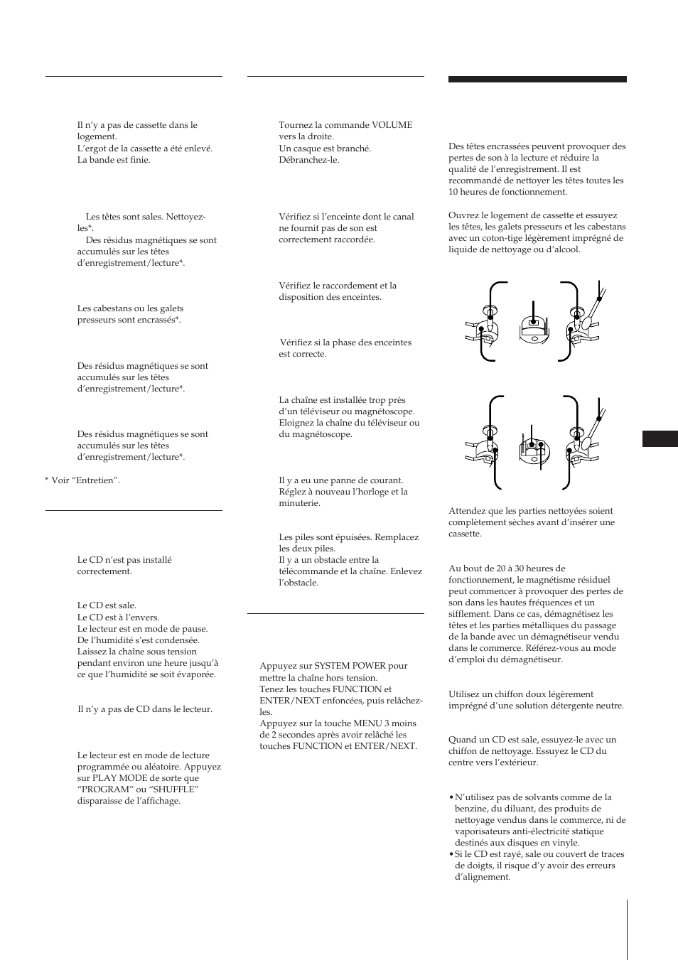 Entretien, Flecteur de cassette, Lecteur cd | Généralités, Rétablissement des réglages usines | Sony MHC-W55 User Manual | Page 59 / 129