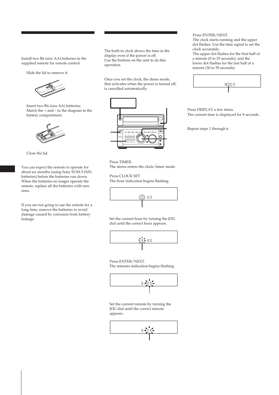 6setting the clock, Inserting the batteries | Sony MHC-W55 User Manual | Page 6 / 129
