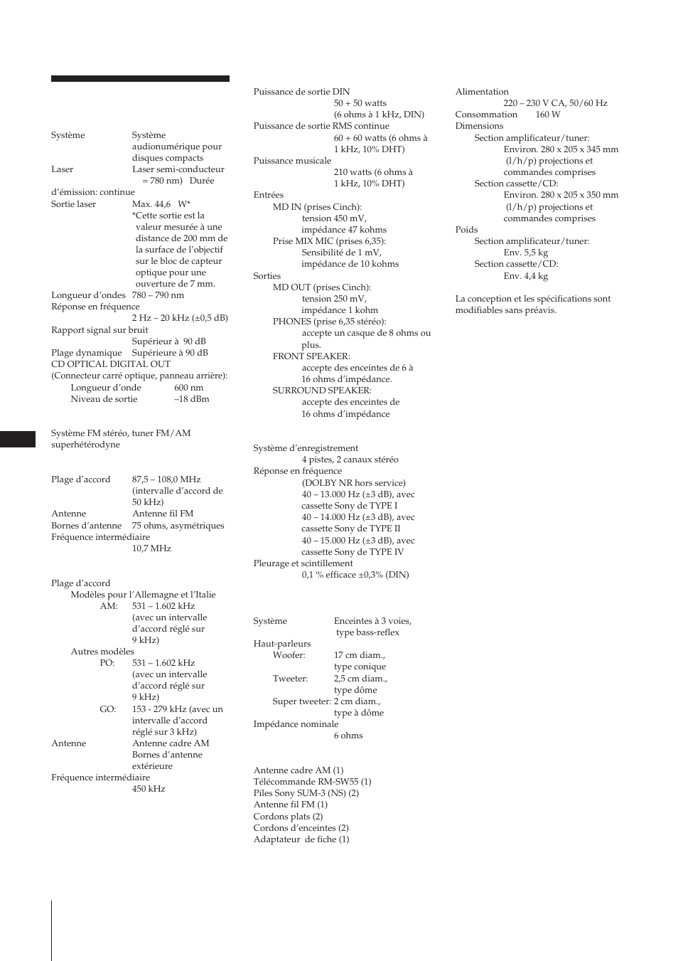 Spécifications | Sony MHC-W55 User Manual | Page 60 / 129