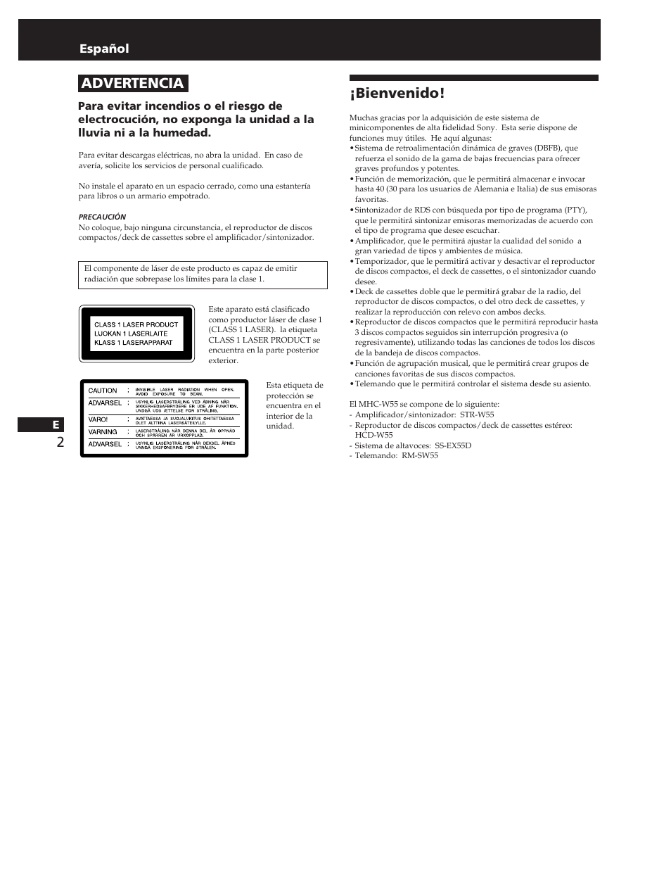 Bienvenido, Advertencia, Español | Sony MHC-W55 User Manual | Page 64 / 129