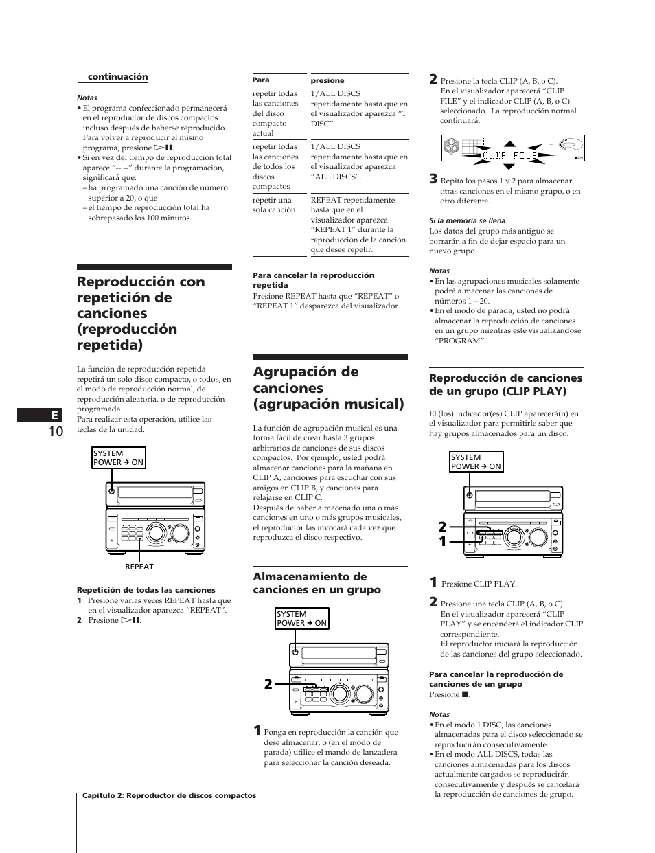 Agrupación de canciones (agrupación musical), Almacenamiento de canciones en un grupo, Reproducción de canciones de un grupo (clip play) | Sony MHC-W55 User Manual | Page 72 / 129