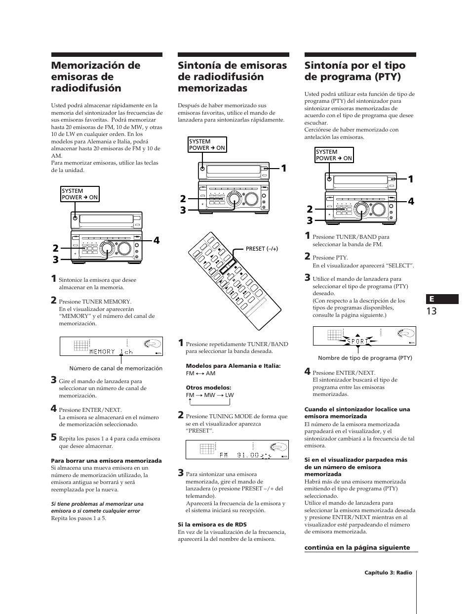 Sintonía por el tipo de programa (pty), Continúa en la página siguiente | Sony MHC-W55 User Manual | Page 75 / 129