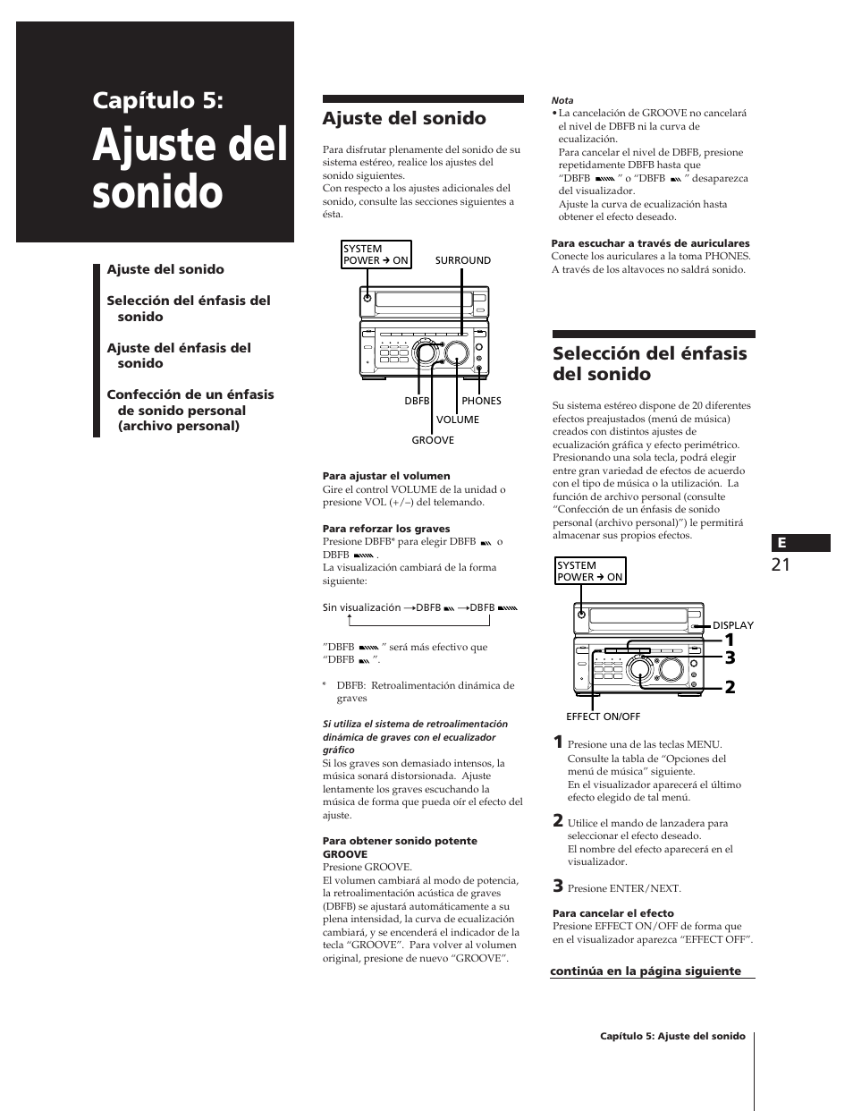 Ajuste del sonido, Capítulo 5, Selección del énfasis del sonido | Sony MHC-W55 User Manual | Page 83 / 129