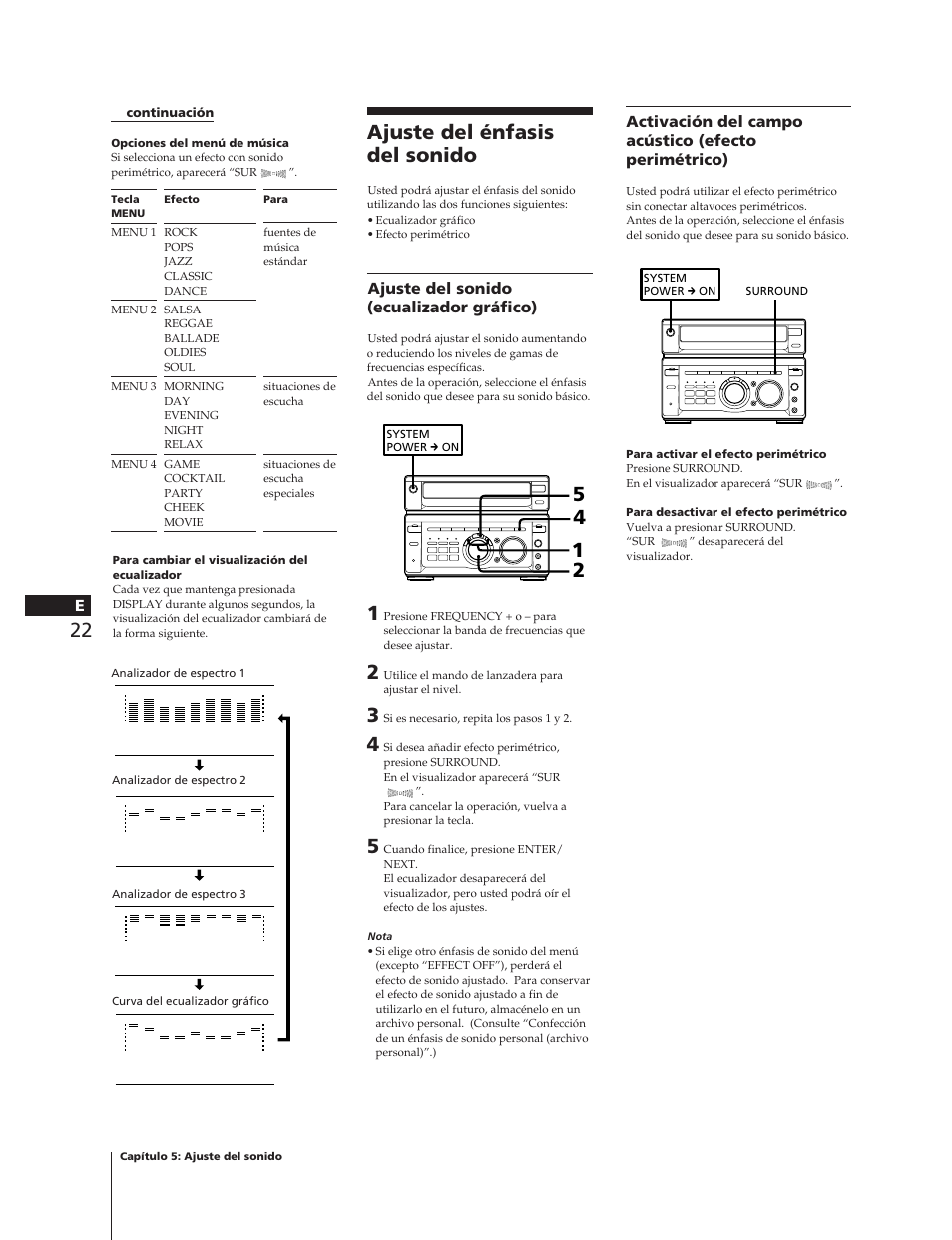 Ajuste del énfasis del sonido, Ajuste del sonido (ecualizador gráfico), Activación del campo acústico (efecto perimétrico) | Sony MHC-W55 User Manual | Page 84 / 129