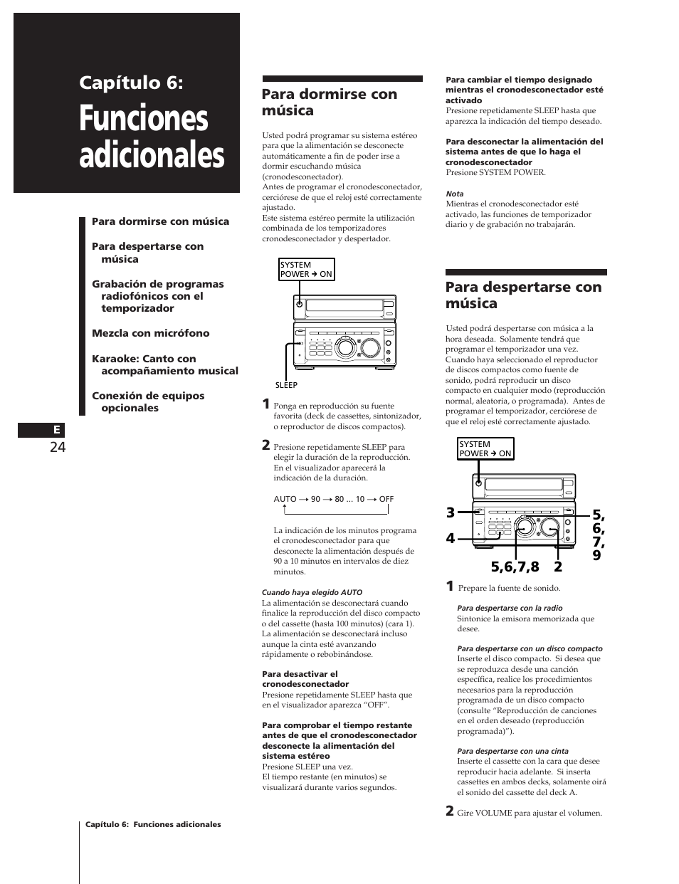 Funciones adicionales, Capítulo 6, Para despertarse con música | Para dormirse con música | Sony MHC-W55 User Manual | Page 86 / 129