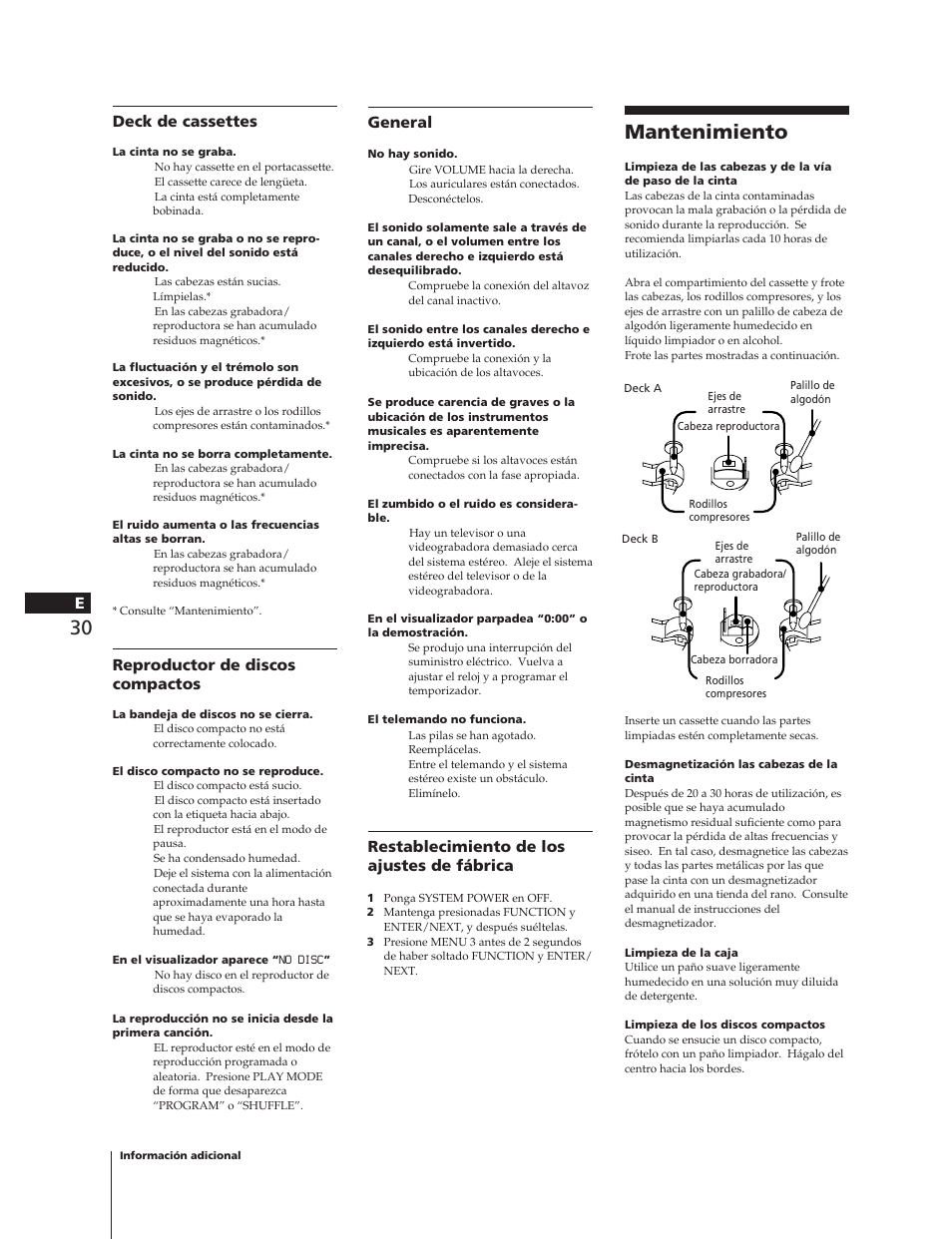 Mantenimiento, Egeneral, Restablecimiento de los ajustes de fábrica | Deck de cassettes, Reproductor de discos compactos | Sony MHC-W55 User Manual | Page 92 / 129