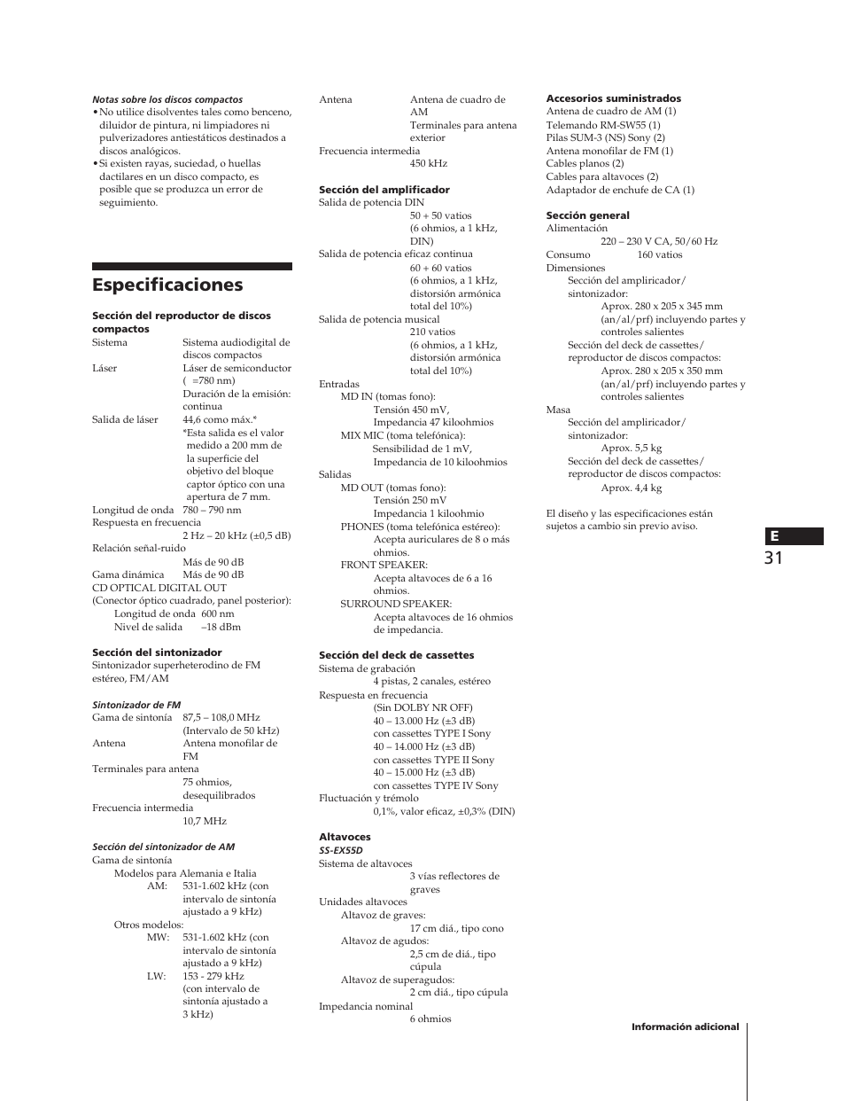 Especificaciones | Sony MHC-W55 User Manual | Page 93 / 129