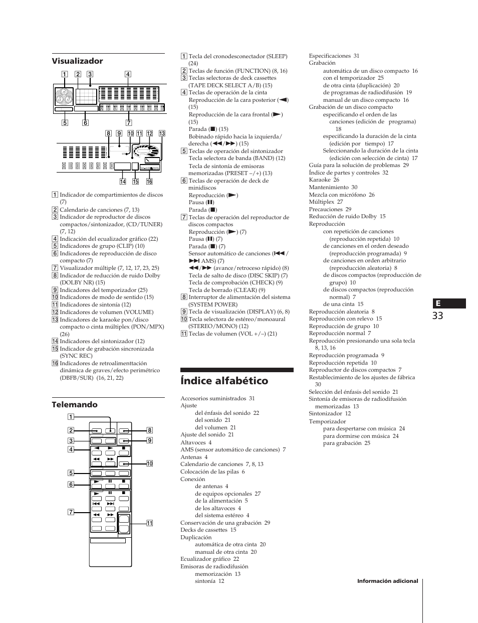 Índice alfabético, Evisualizador, Telemando | Sony MHC-W55 User Manual | Page 95 / 129