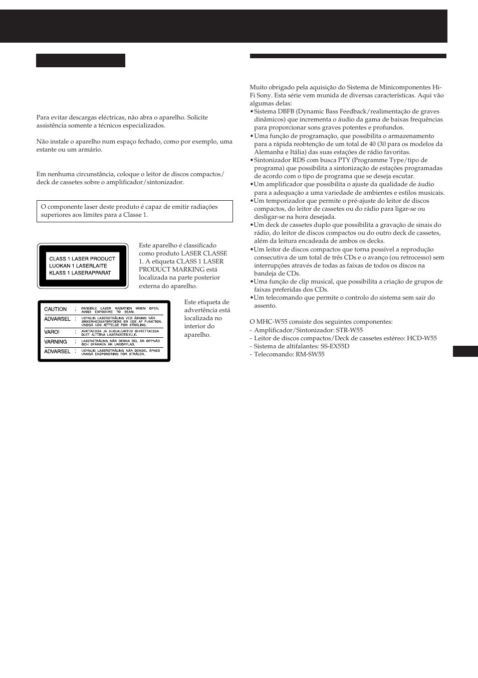 Bem-vindo, Advertência, Português | Sony MHC-W55 User Manual | Page 97 / 129