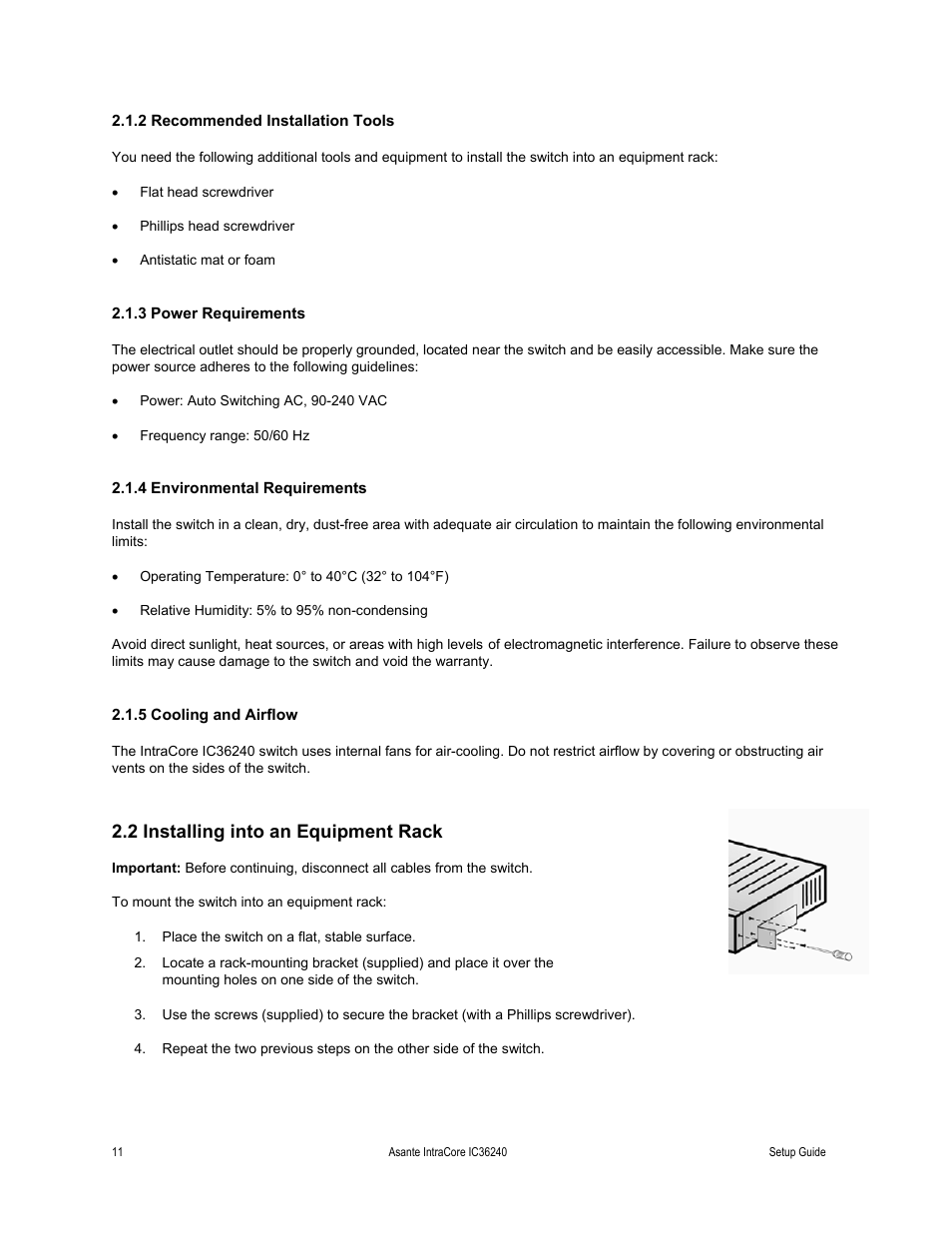 2 recommended installation tools, 3 power requirements, 4 environmental requirements | 5 cooling and airflow, 2 installing into an equipment rack | Asante Technologies IC36240 Series User Manual | Page 11 / 42