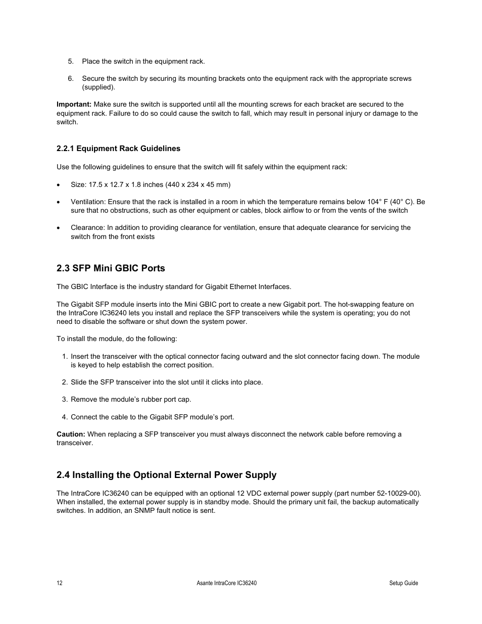 1 equipment rack guidelines, 3 sfp mini gbic ports, 4 installing the optional external power supply | Asante Technologies IC36240 Series User Manual | Page 12 / 42