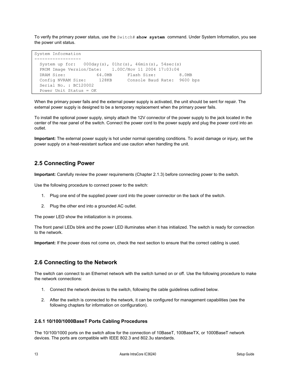 5 connecting power, 6 connecting to the network, 1 10/100/1000baset ports cabling procedures | Asante Technologies IC36240 Series User Manual | Page 13 / 42