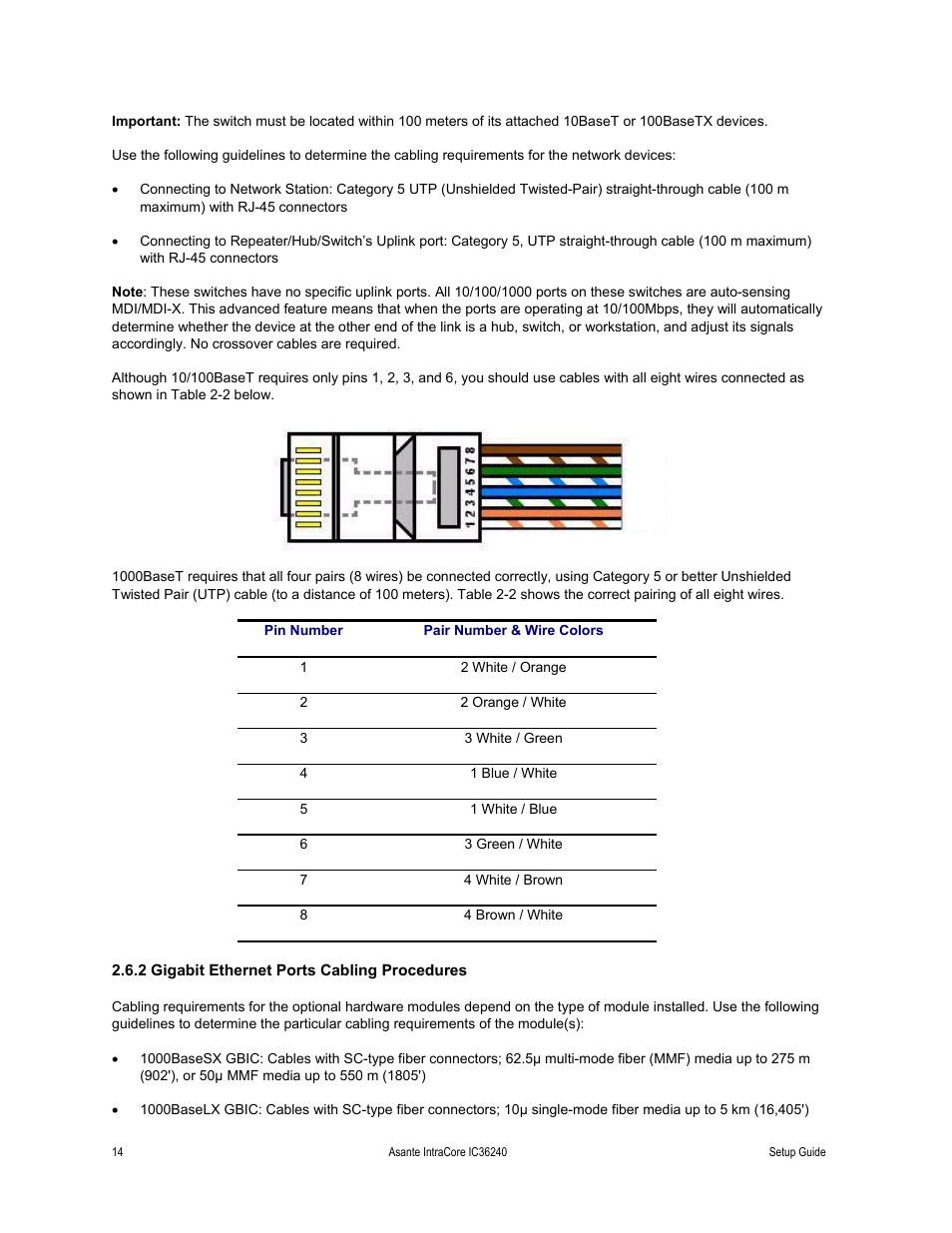 2 gigabit ethernet ports cabling procedures | Asante Technologies IC36240 Series User Manual | Page 14 / 42
