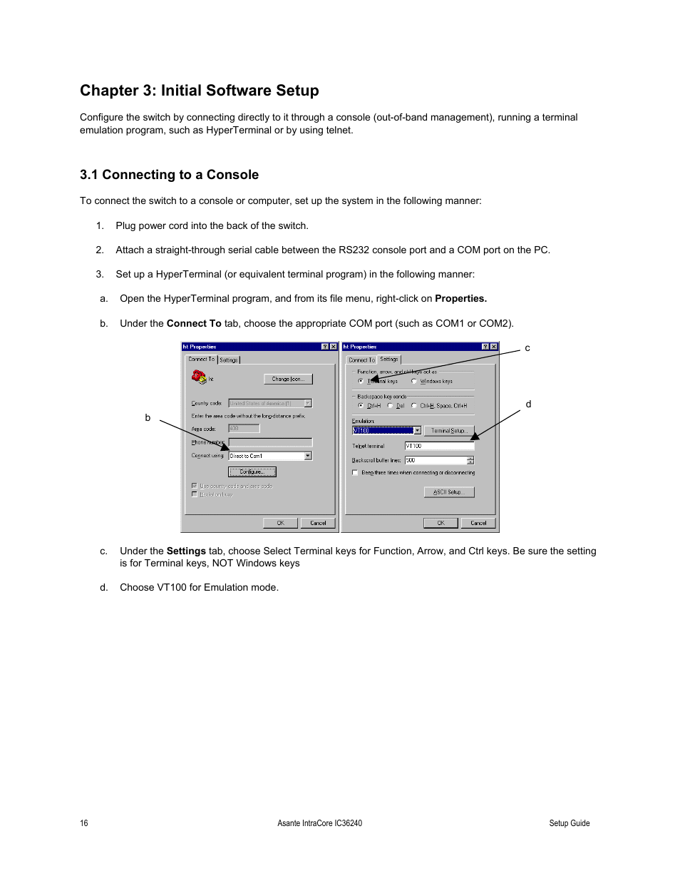 Chapter 3: initial software setup, 1 connecting to a console | Asante Technologies IC36240 Series User Manual | Page 16 / 42