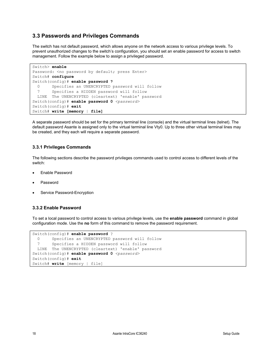 3 passwords and privileges commands, 1 privileges commands, 2 enable password | Asante Technologies IC36240 Series User Manual | Page 18 / 42