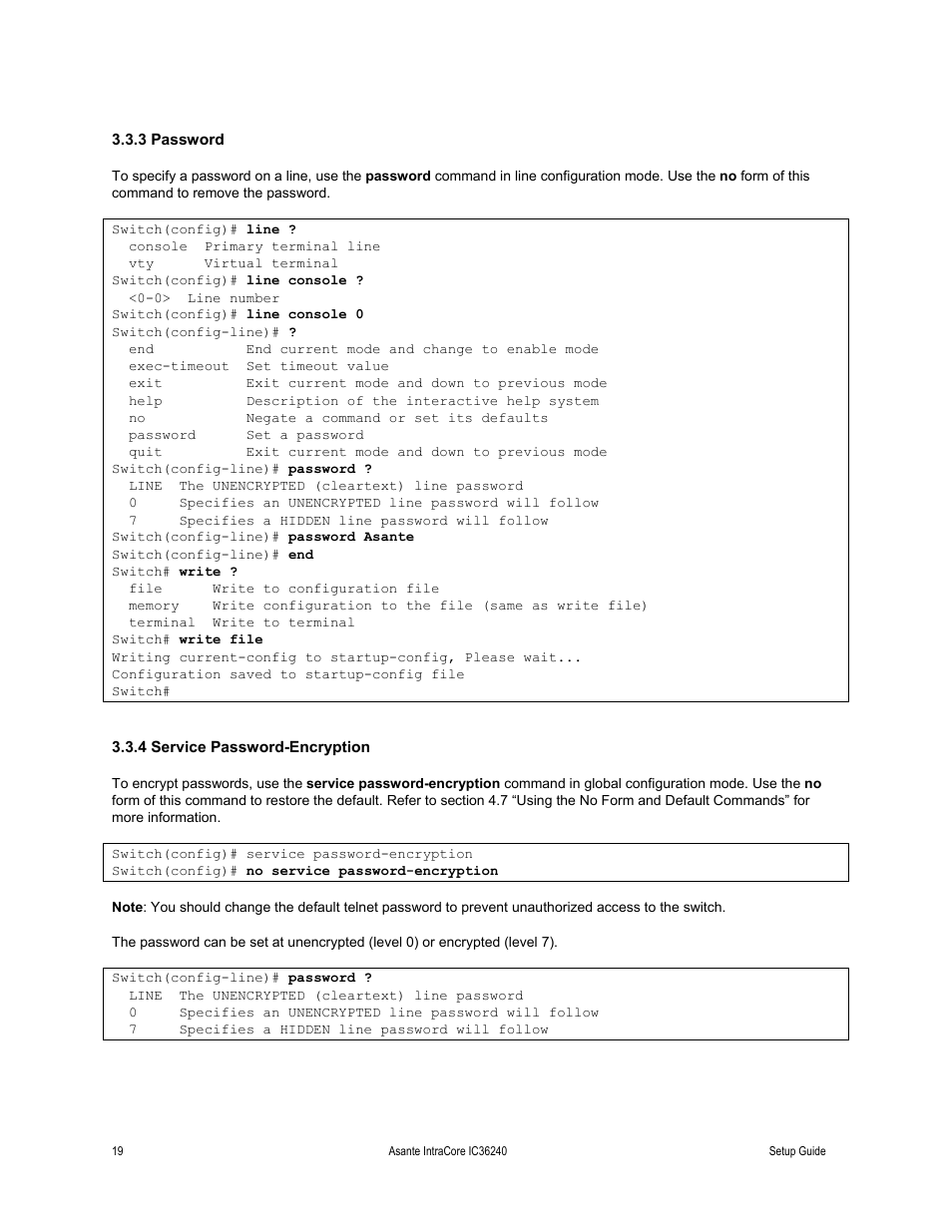 3 password, 4 service password-encryption | Asante Technologies IC36240 Series User Manual | Page 19 / 42