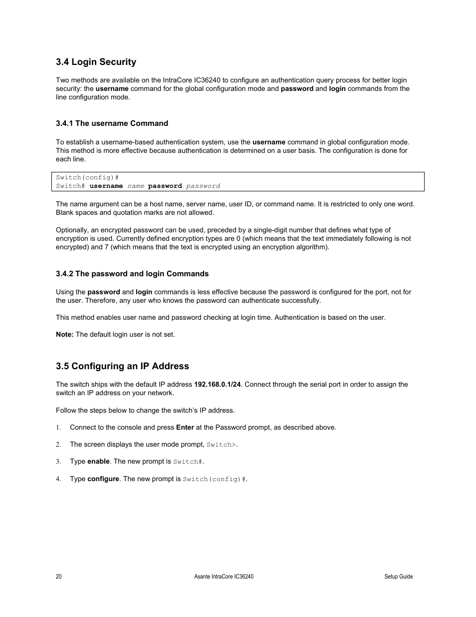 4 login security, 1 the username command, 2 the password and login commands | 5 configuring an ip address | Asante Technologies IC36240 Series User Manual | Page 20 / 42