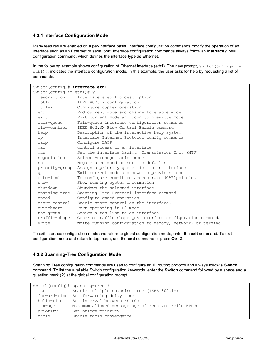 1 interface configuration mode, 2 spanning-tree configuration mode | Asante Technologies IC36240 Series User Manual | Page 26 / 42