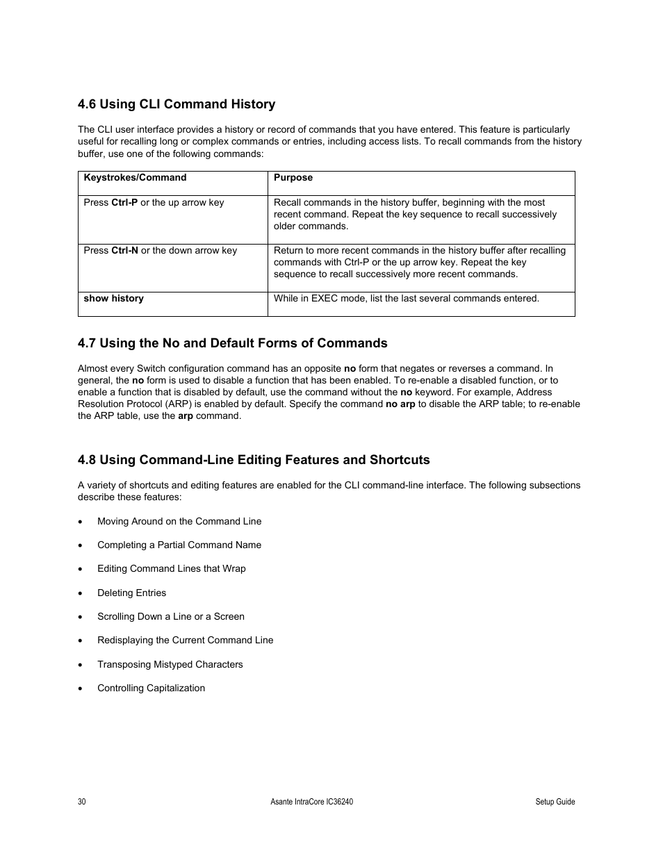 6 using cli command history, 7 using the no and default forms of commands | Asante Technologies IC36240 Series User Manual | Page 30 / 42