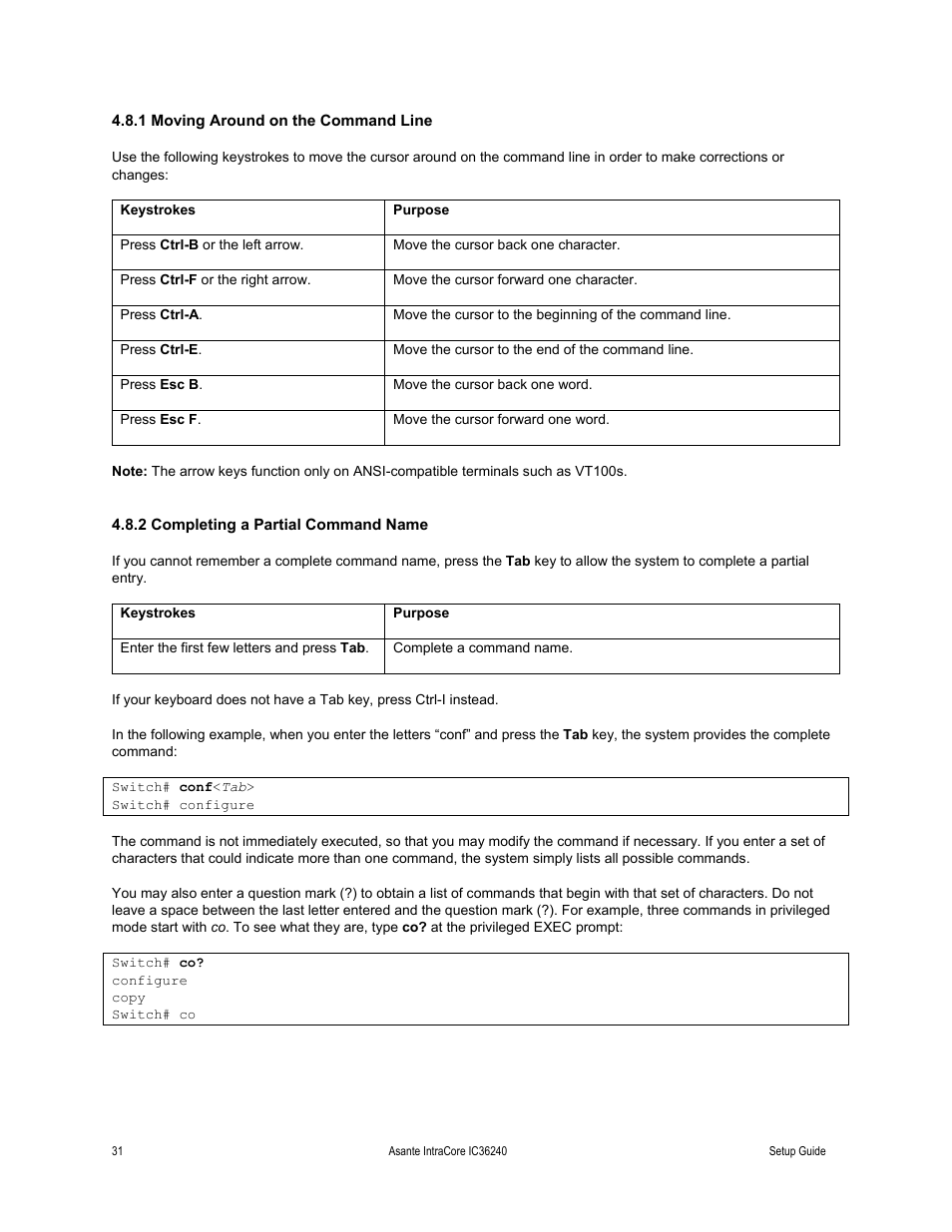 1 moving around on the command line, Keystrokes, 2 completing a partial command name | Asante Technologies IC36240 Series User Manual | Page 31 / 42