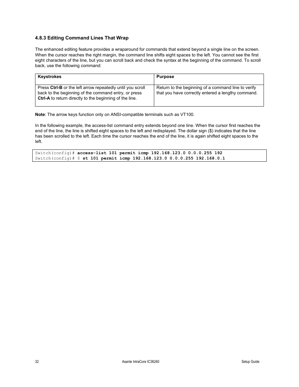 3 editing command lines that wrap, Keystrokes | Asante Technologies IC36240 Series User Manual | Page 32 / 42