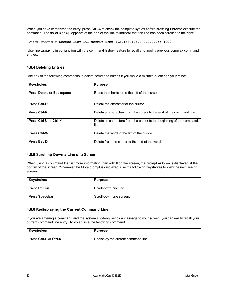 4 deleting entries, Keystrokes, 5 scrolling down a line or a screen | 6 redisplaying the current command line | Asante Technologies IC36240 Series User Manual | Page 33 / 42