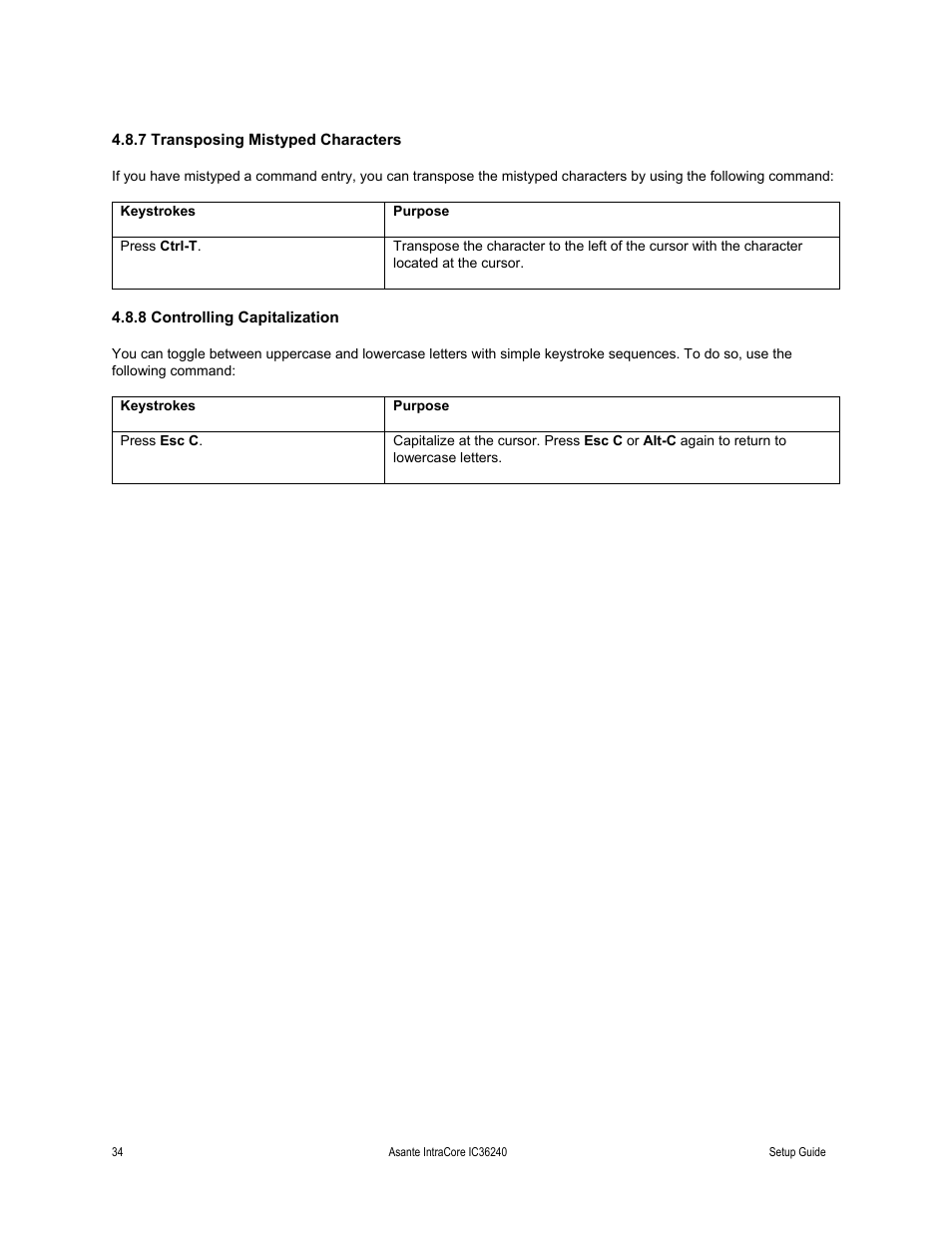 7 transposing mistyped characters, Keystrokes, 8 controlling capitalization | Asante Technologies IC36240 Series User Manual | Page 34 / 42