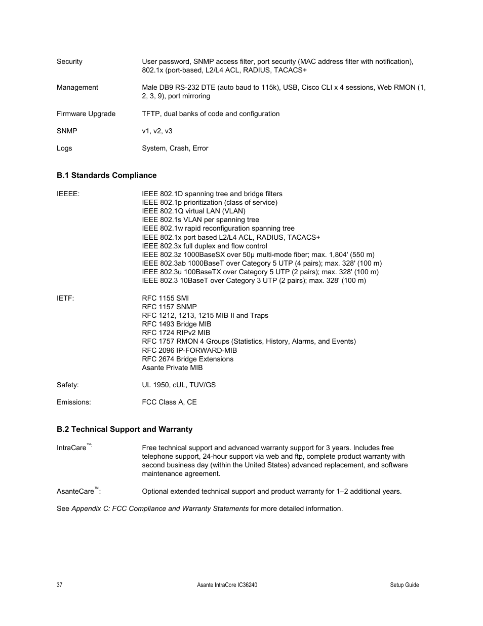 B.1 standards compliance, B.2 technical support and warranty | Asante Technologies IC36240 Series User Manual | Page 37 / 42