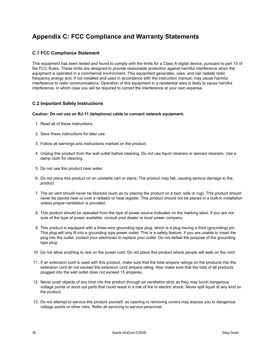 Appendix c: fcc compliance and warranty statements, C.1 fcc compliance statement, C.2 important safety instructions | Asante Technologies IC36240 Series User Manual | Page 38 / 42